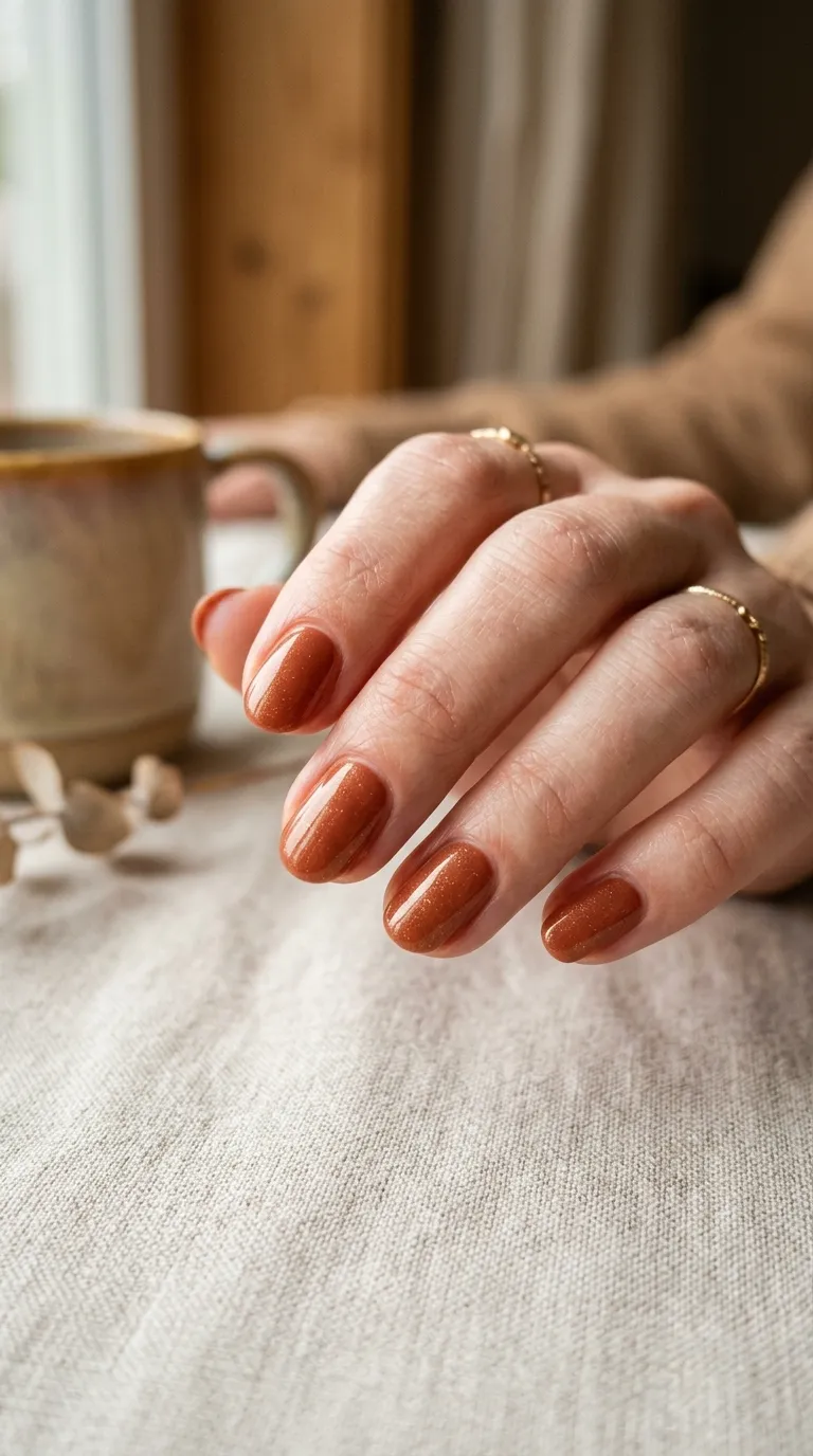 Lighter clay terracotta nails with a soft shimmer for everyday wear