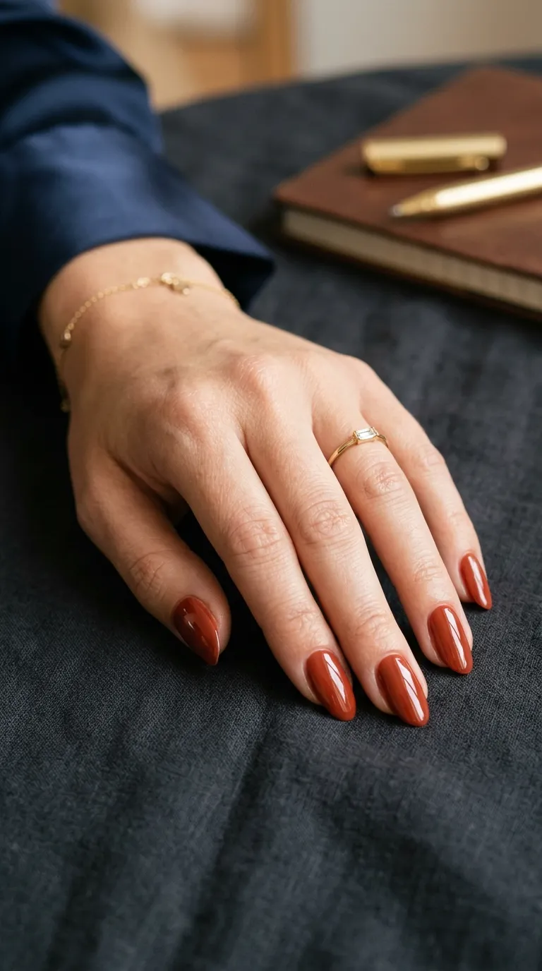 Glossy terracotta nails for a dressier, polished look