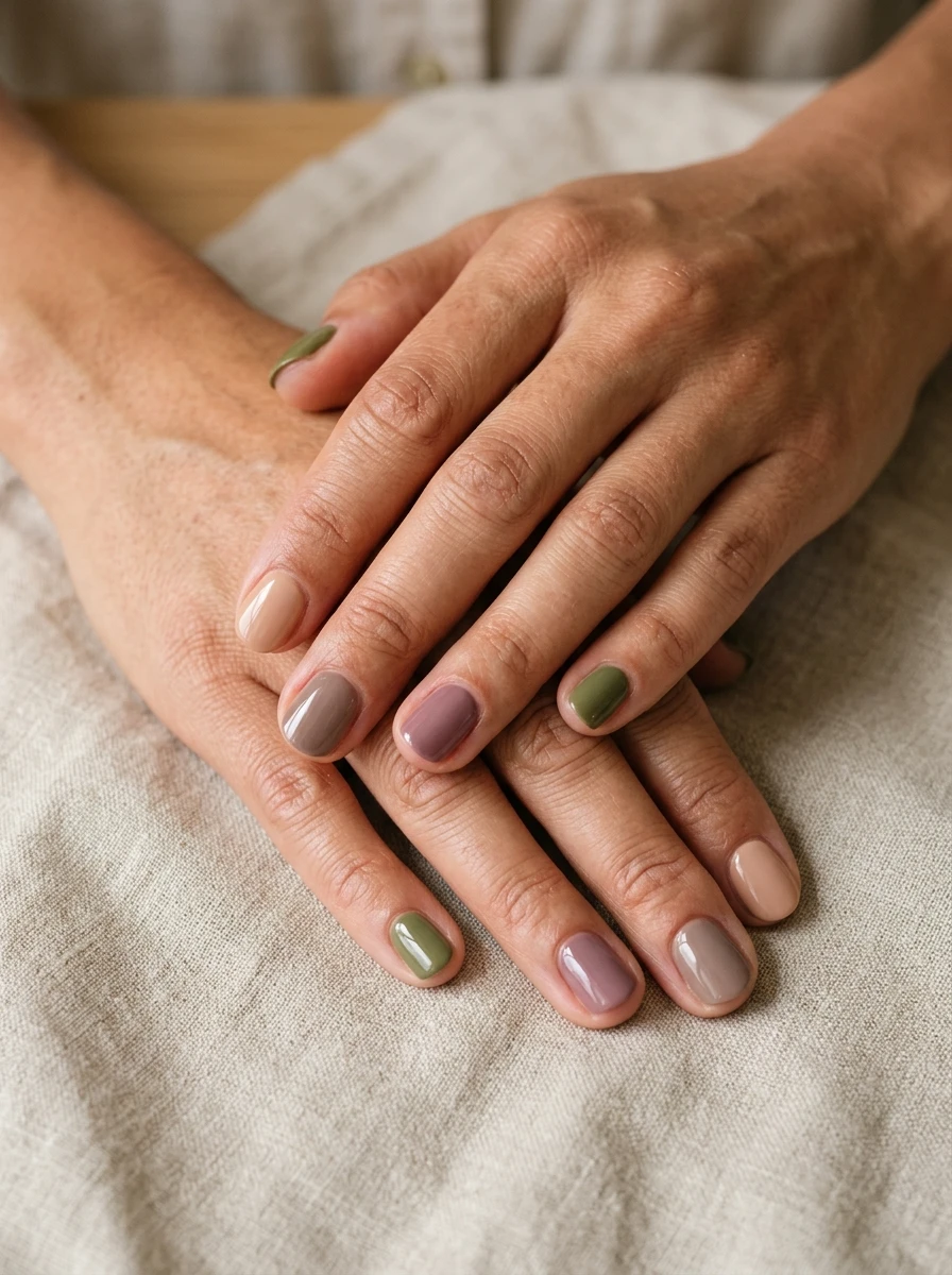 Full set of short manicured nails in mixed warm fall tones
