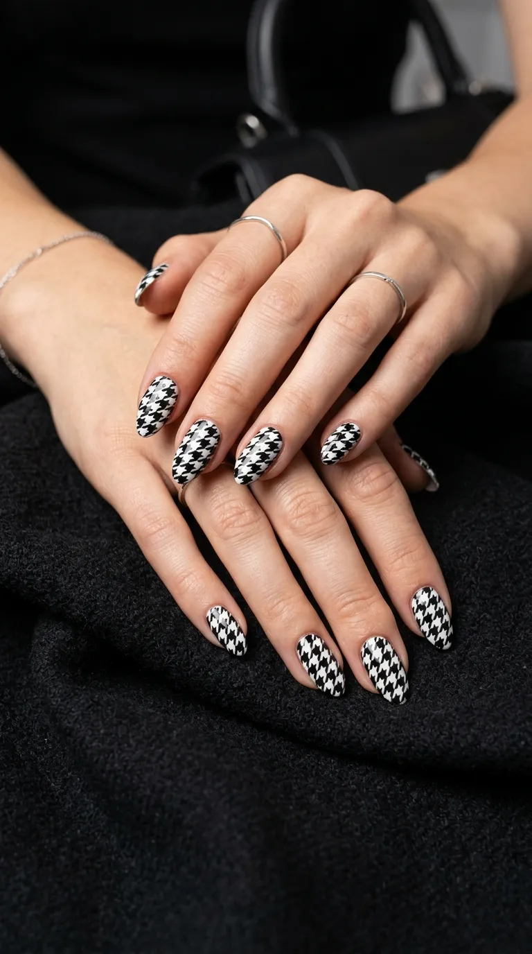 Black-and-cream houndstooth nails for a softer contrast