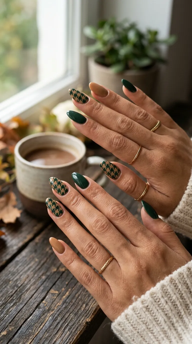 Green-and-camel houndstooth nails mixed with solid forest green and camel nails