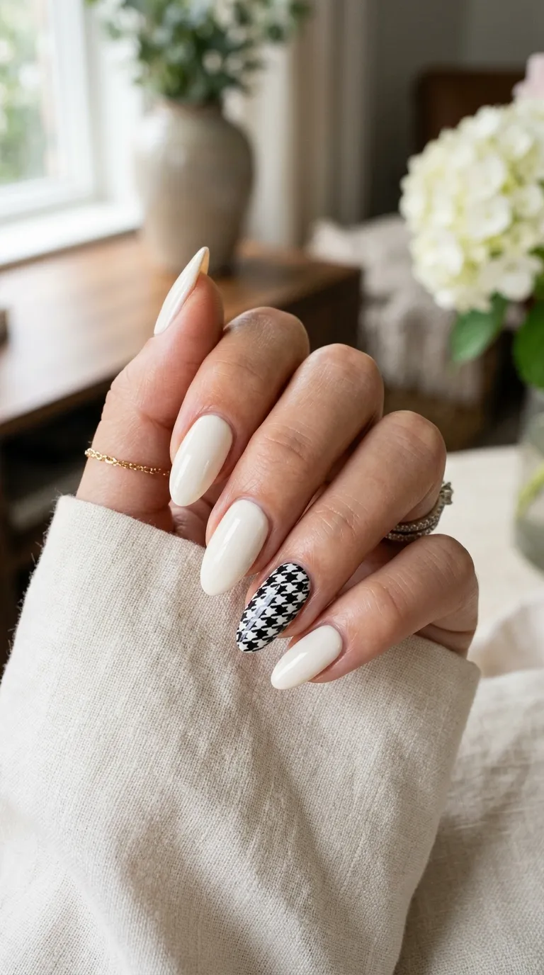 Houndstooth nails with a single black-and-white accent nail on a cream base