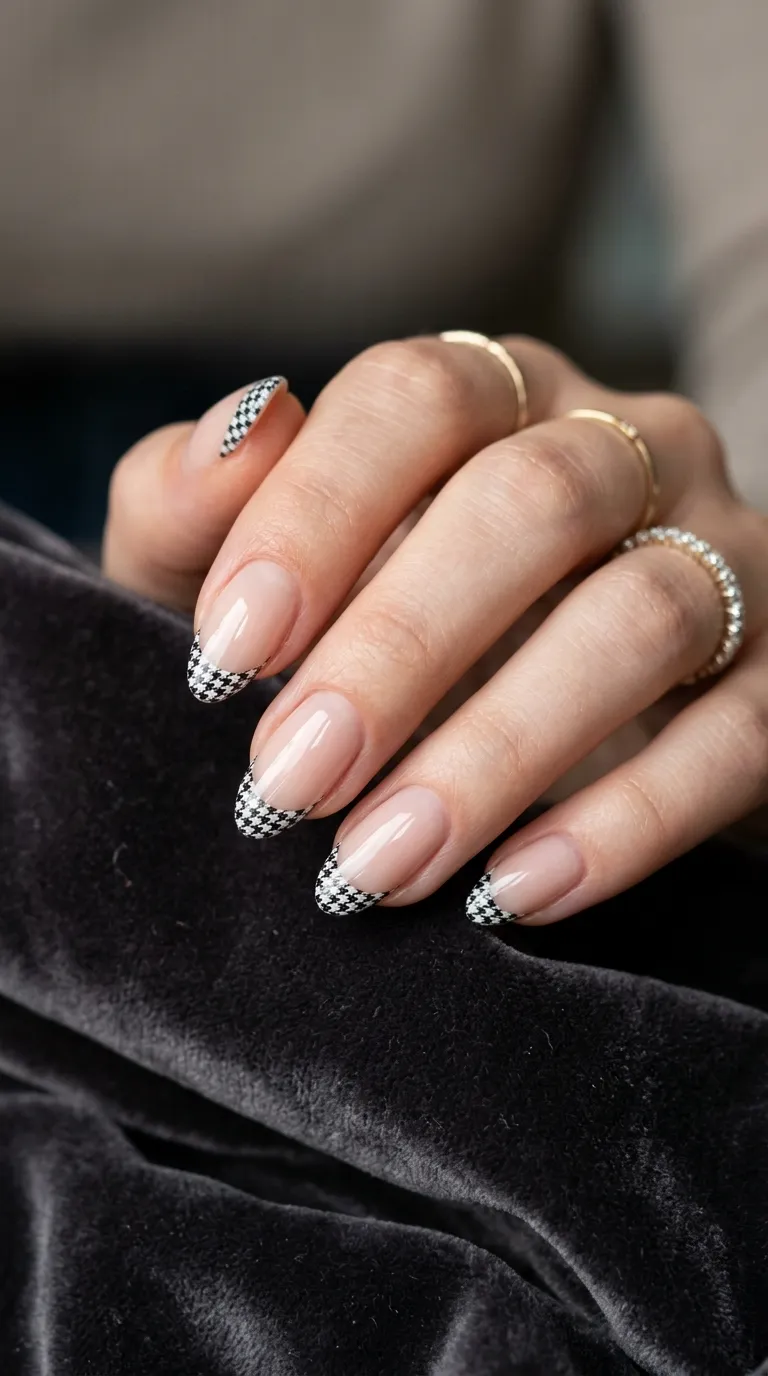 Houndstooth nails as a thin French tip border on a nude base