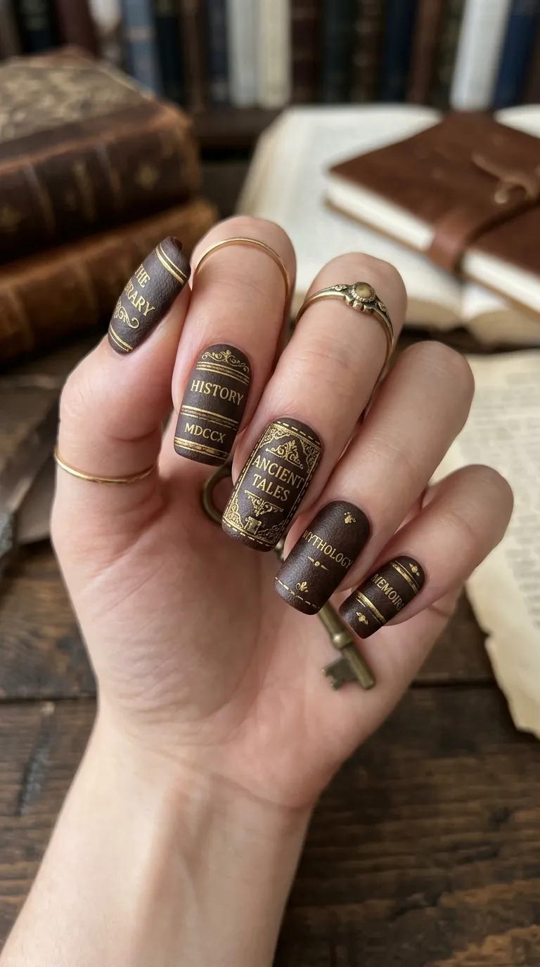 Leather-bound book nail art design