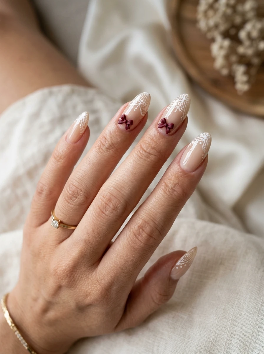 Nails with a cream and mauve two-tone bow design