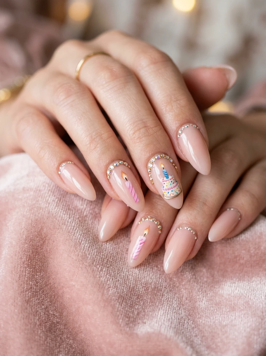 Short-medium round nails with a pastel cake-inspired marble swirl