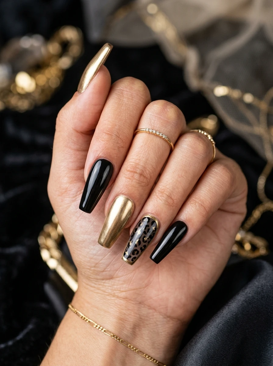 Hero shot of matte black nails with cracked gold foil accent nails