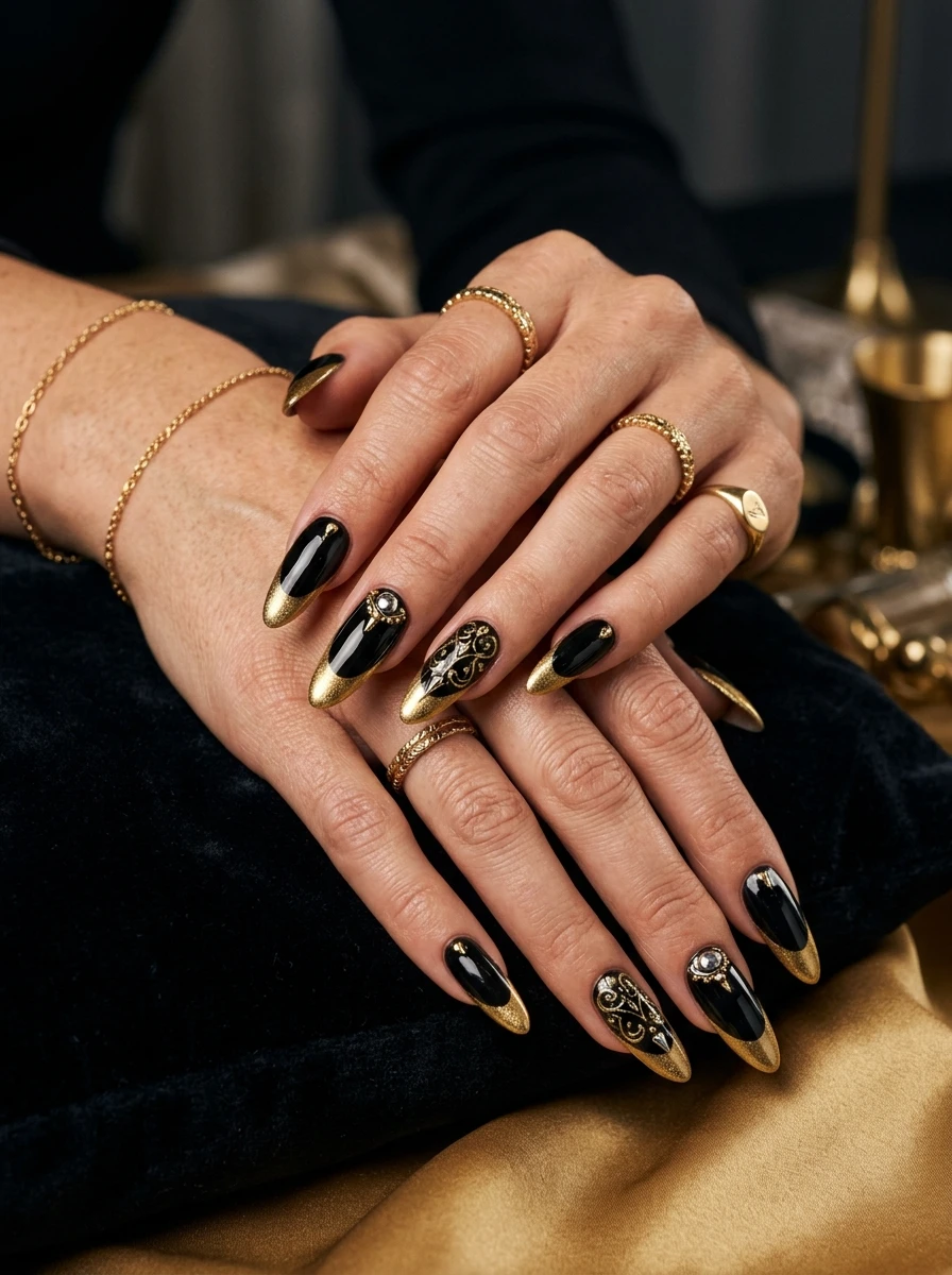 Almond nails with a black French tip and thin gold line