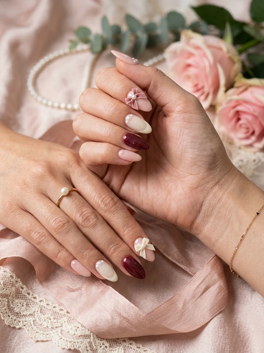 Nails in milky blush with a pearl half-moon accent