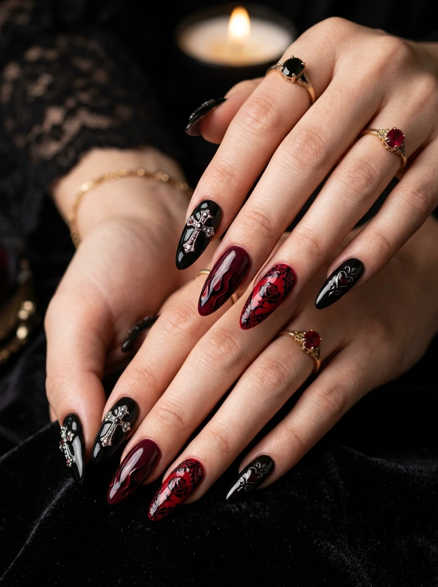 Nails with a black base and red vein marble accent