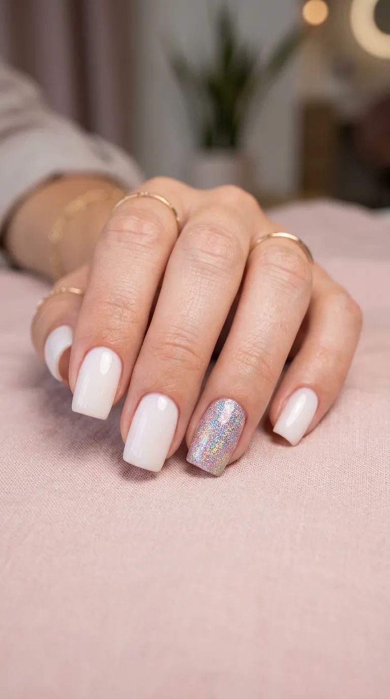 October birthstone nails with a milky white base and one holographic opal accent nail