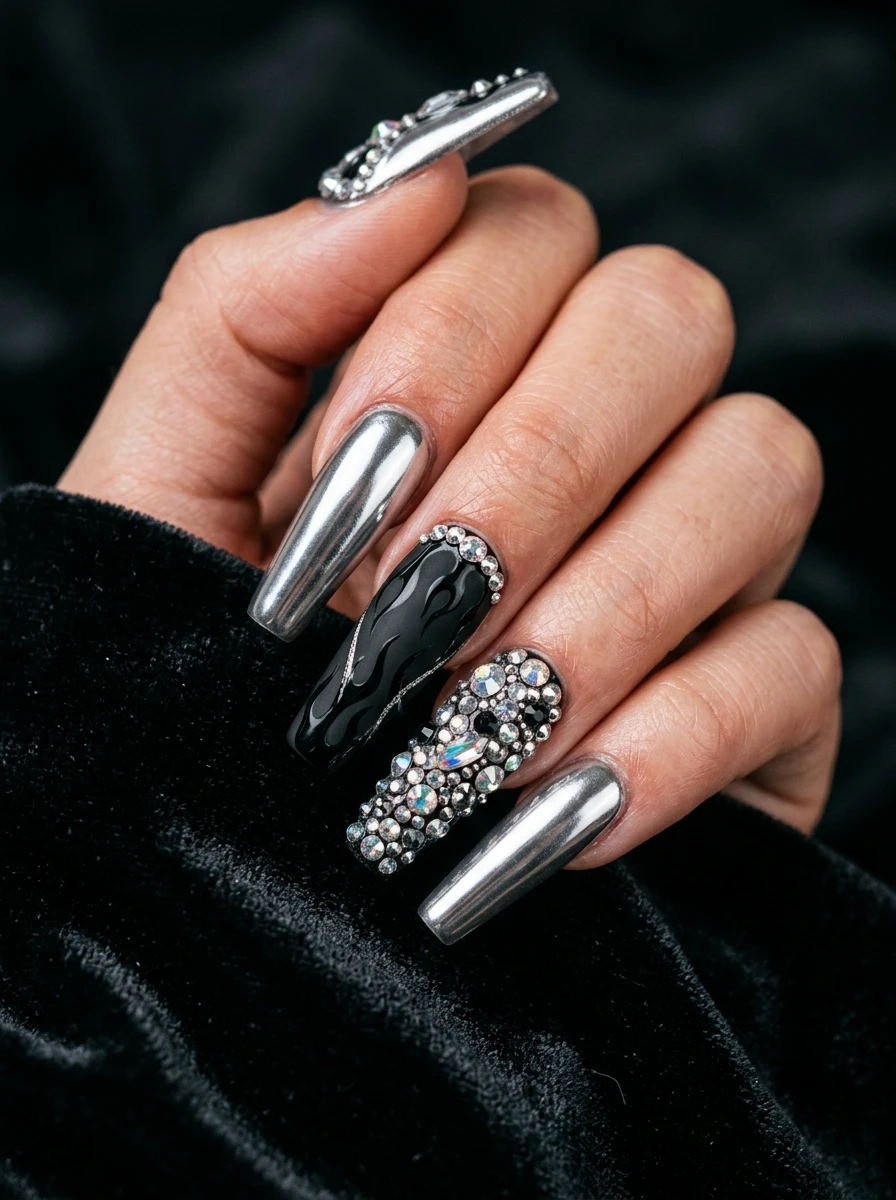 Short round nails with a glazed donut pearlescent chrome finish