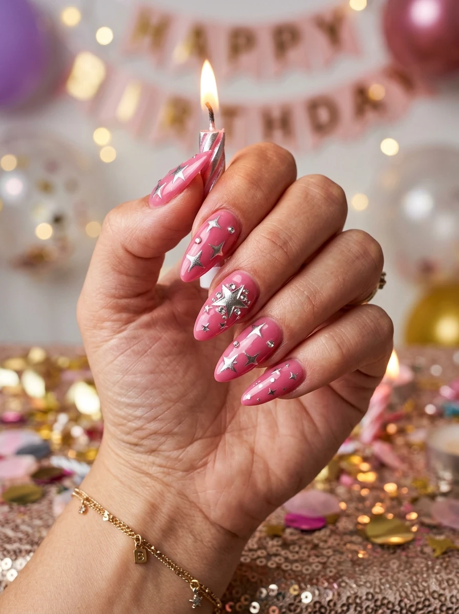 Star-studded accent nail on a birthday manicure