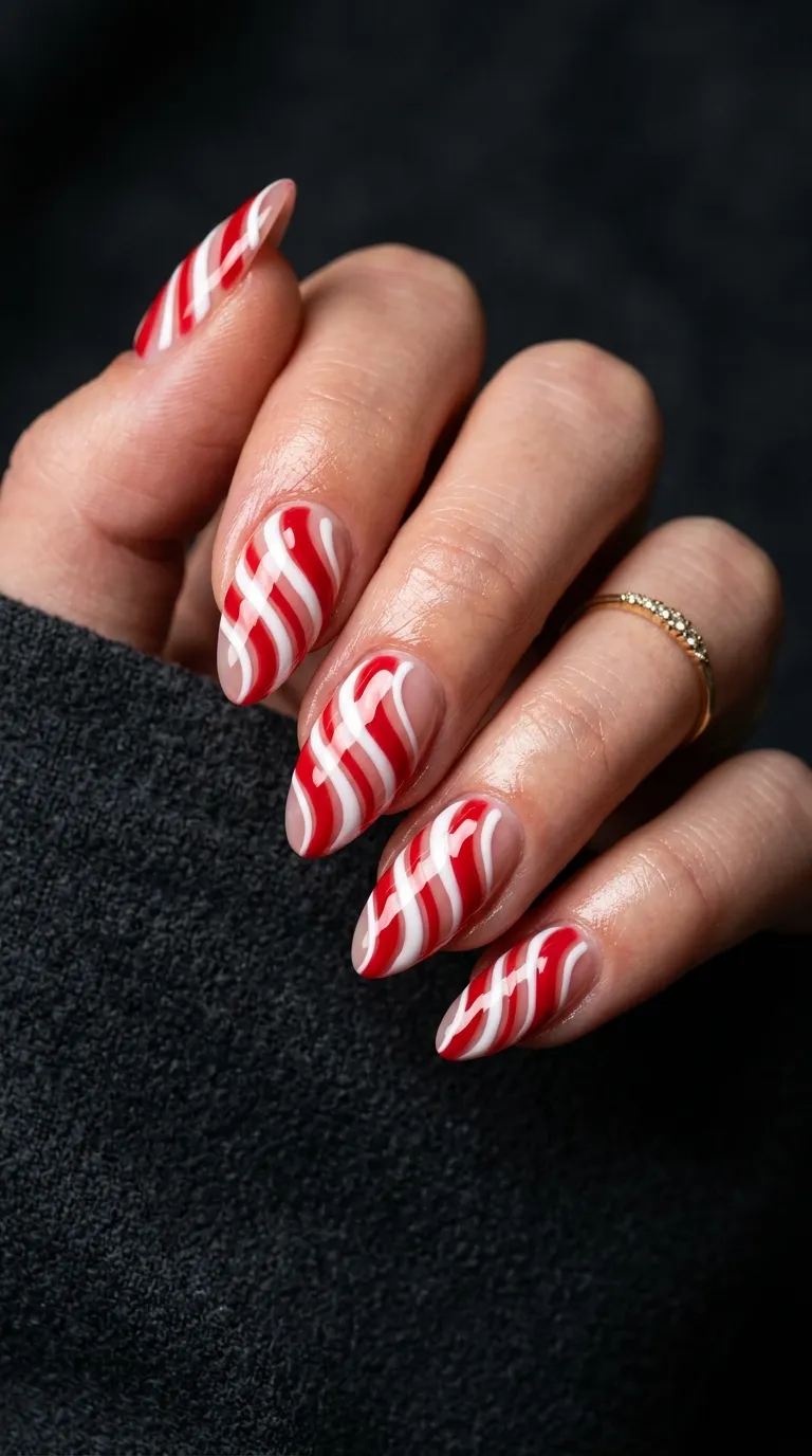 Candy cane swirl Christmas nails 2026 with red and white spiral stripes