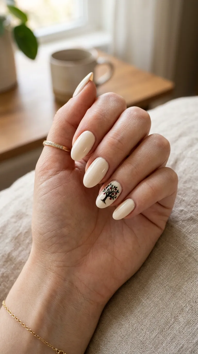 Apple orchard nails with a cream base and a black apple tree silhouette accent