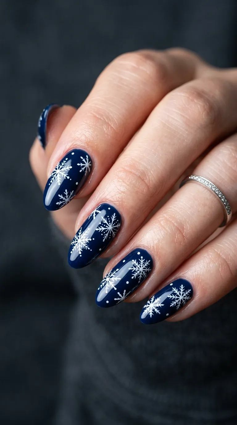 snowflake nail designs scattered fine line navy manicure