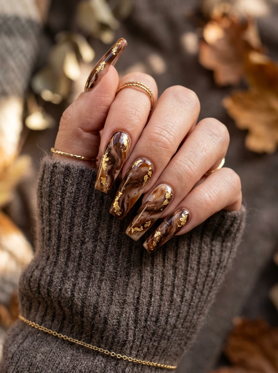 Long almond nails with black and gold marble veining