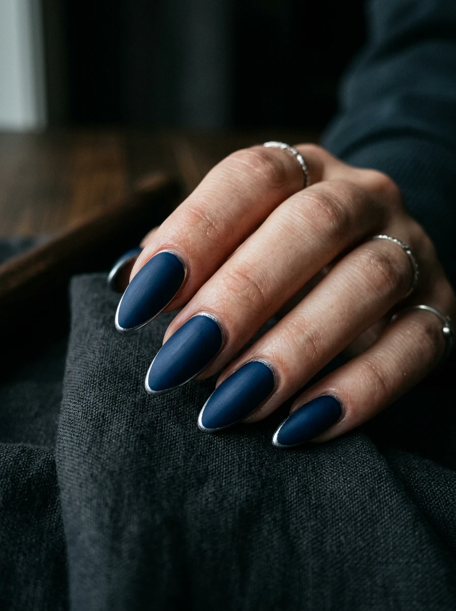 Nails in navy velvet matte with a silver struck border