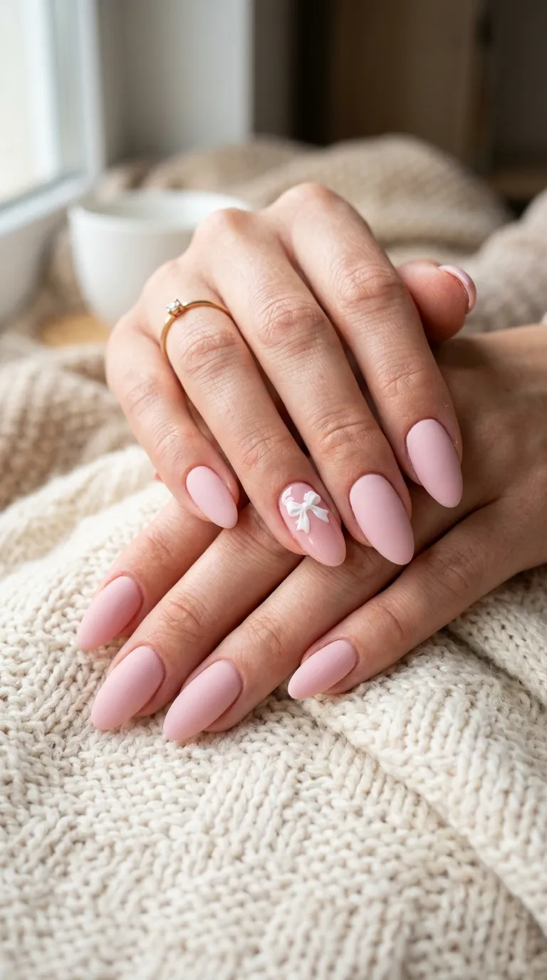 Matte pink nails with ribbon