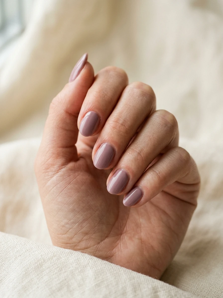 Short almond-shaped nails in muted mauve polish