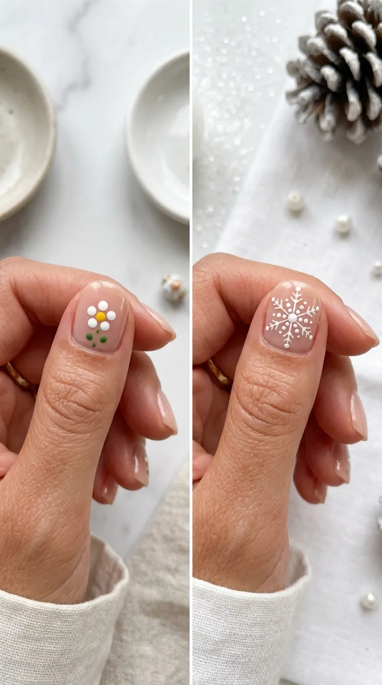 Split image dot art flower snowflake seasonal variation side by side nail designs for kids