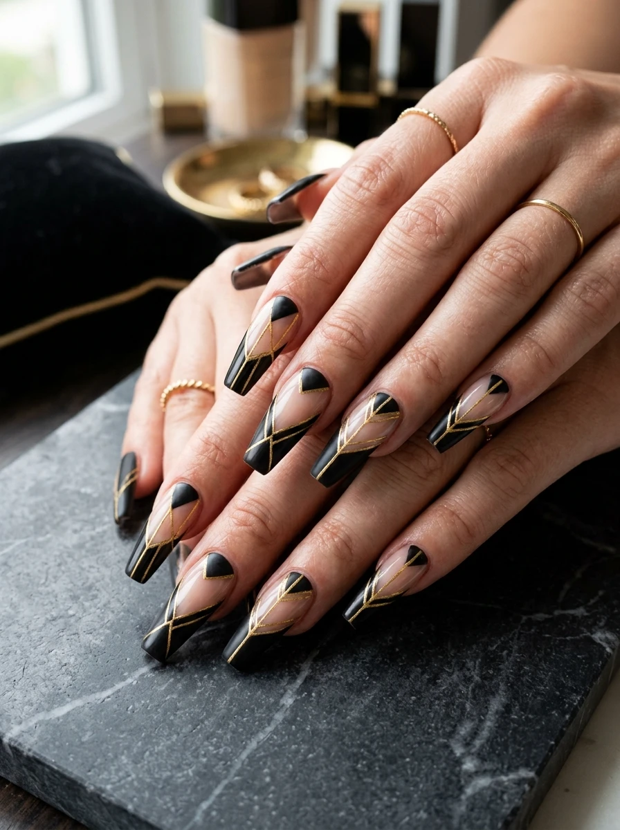 Matte black with gold foil accent nails
