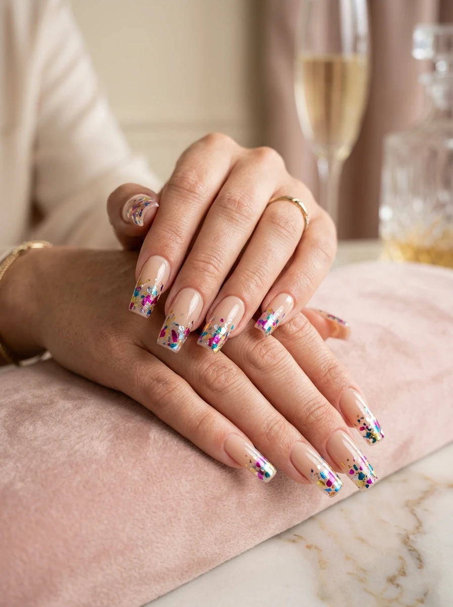 Square nails with a confetti glitter tip design