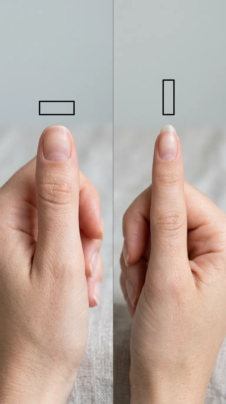 Side by side comparison wide narrow nail bed shape difference split