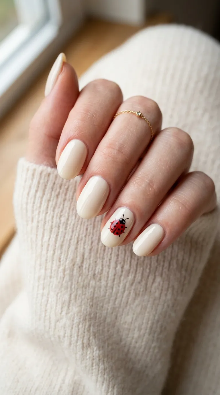 Cream cottagecore nails with a small hand-painted ladybug accent
