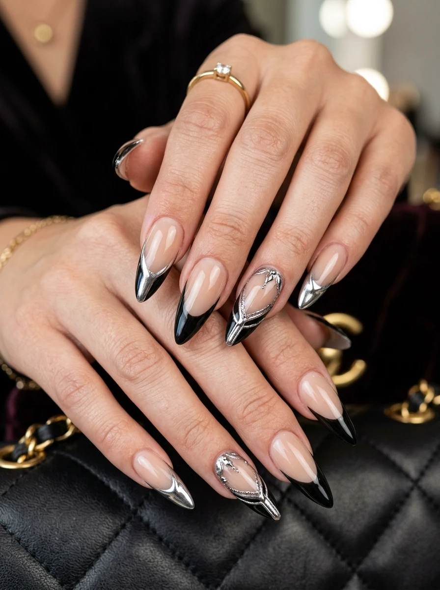Gold chrome French tip with a thin black line