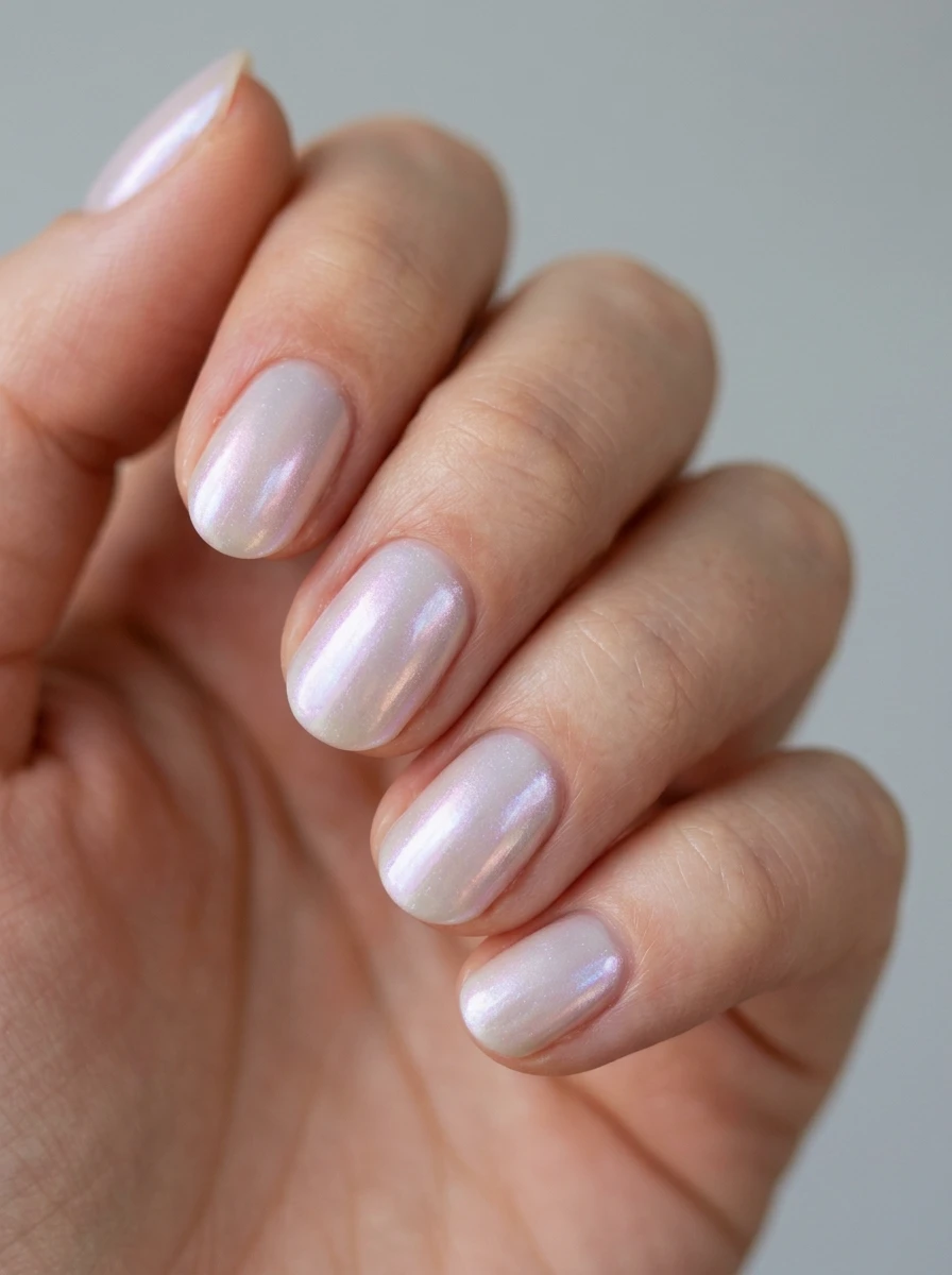 Short nails with a milky chrome finish
