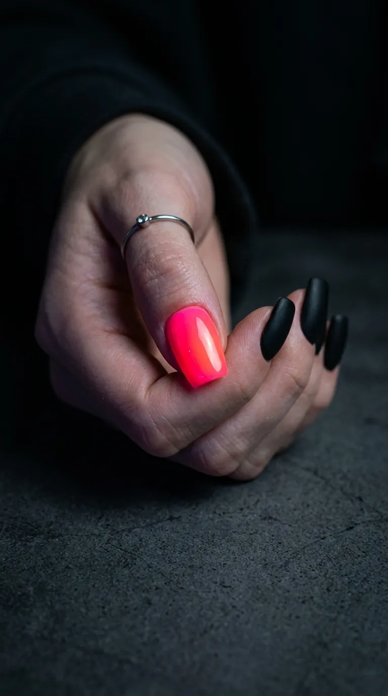 Single bright neon accent nail against black neutral set high contrast dramatic glow rainbow nail designs