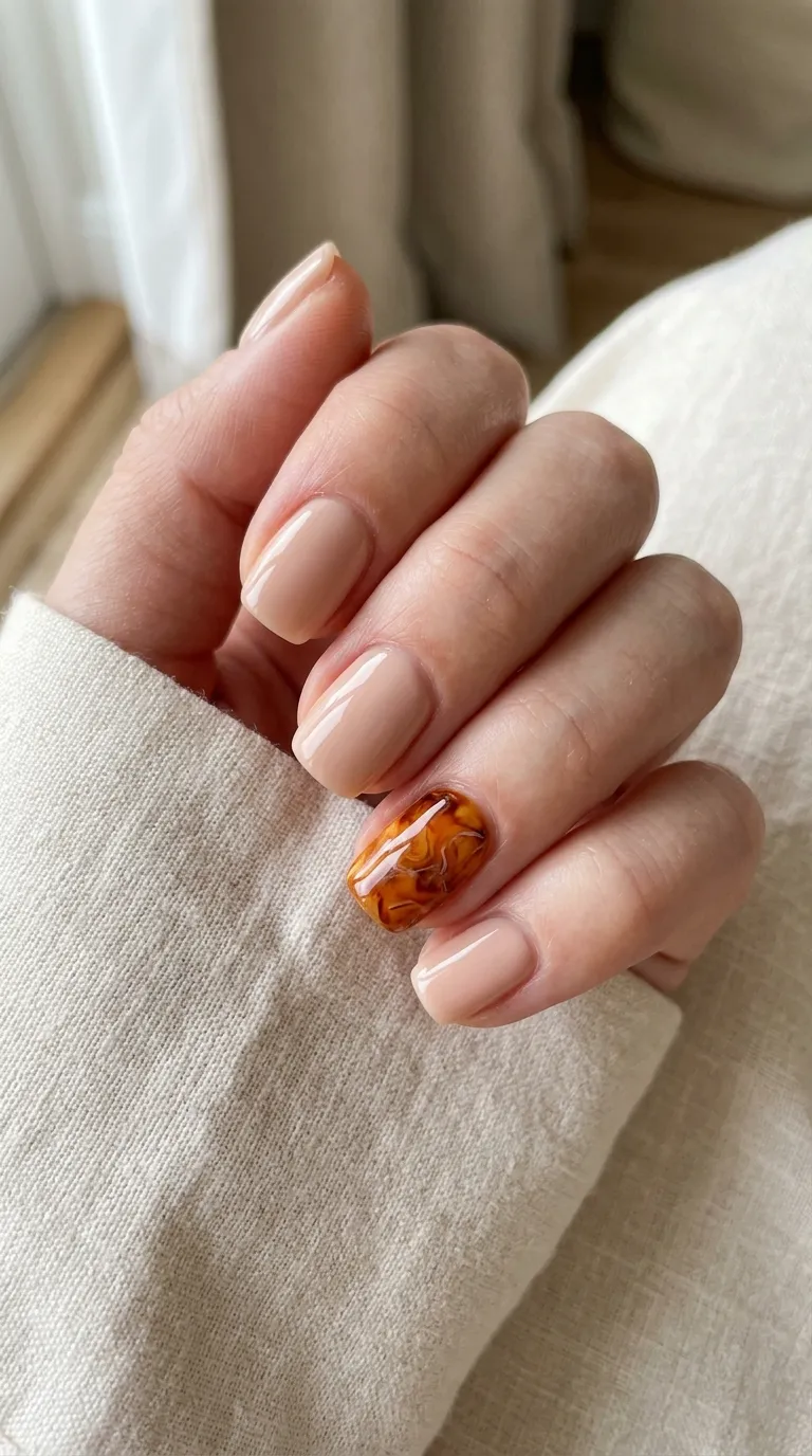 Nude and amber accent nails