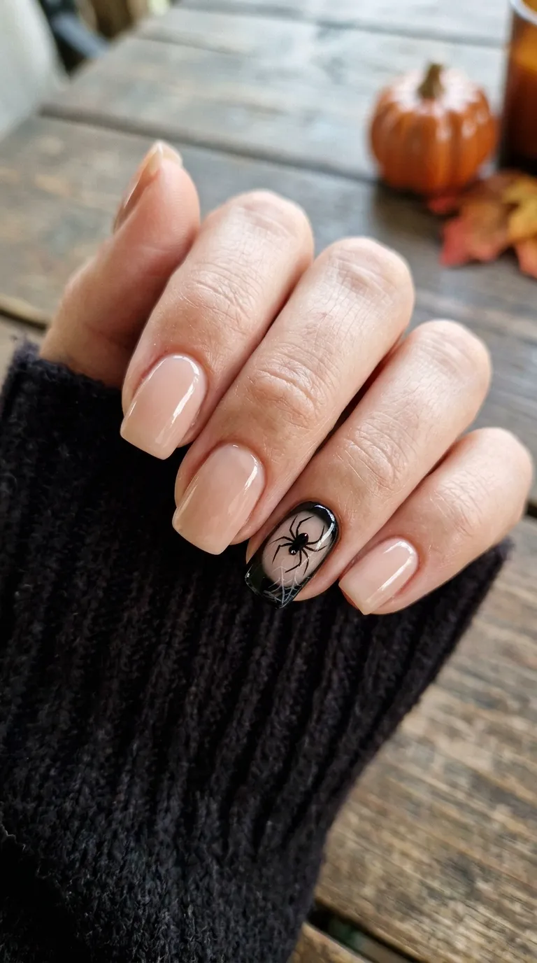 Simple Halloween Nails &ndash; nude base with a small black spider accent nail