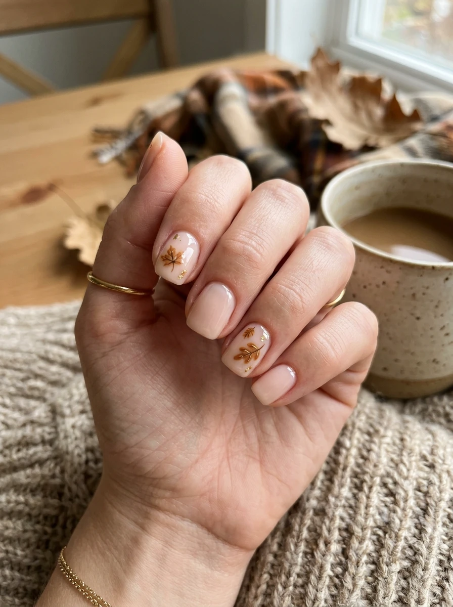 Short nails with a tiny botanical line art accent