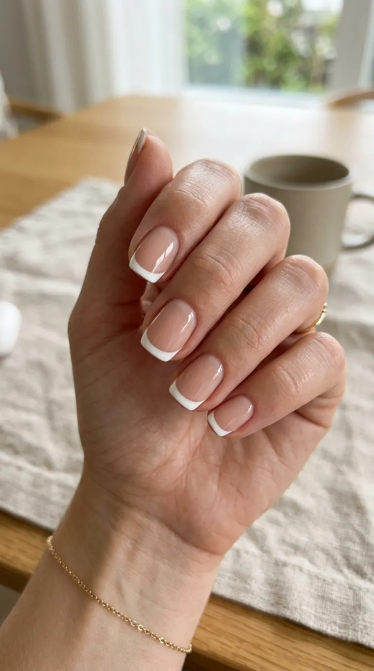Stark high contrast white french tip pale nude base square nails crisp