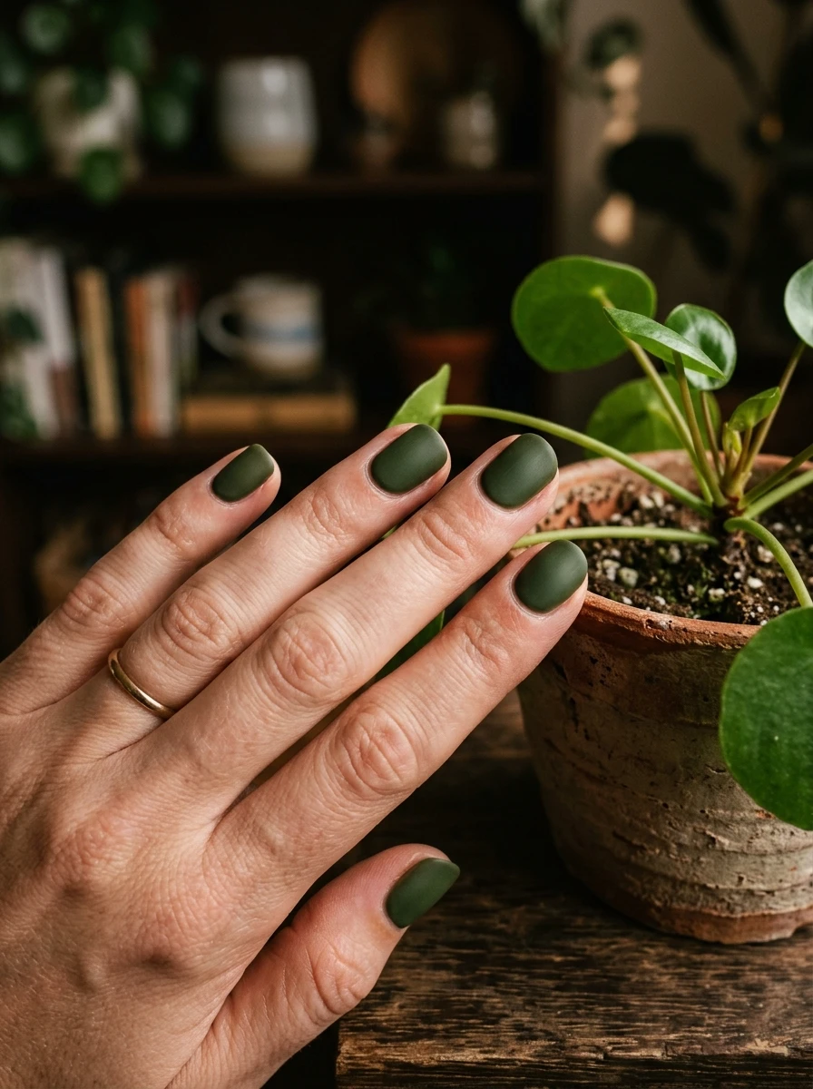 Short nails painted in deep olive and moss green