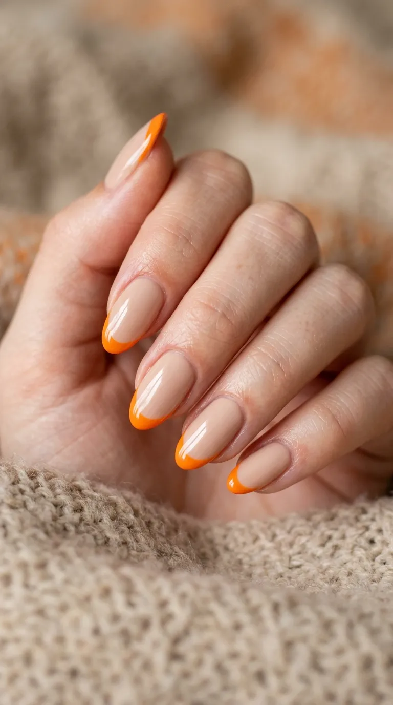 Simple Halloween Nails &ndash; orange french tip on a plain nude base