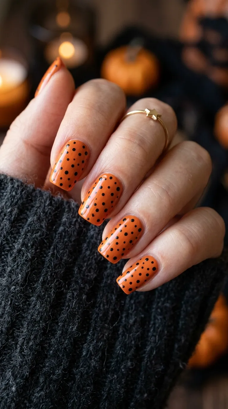 Simple Halloween Nails &ndash; orange nails with small black polka dots