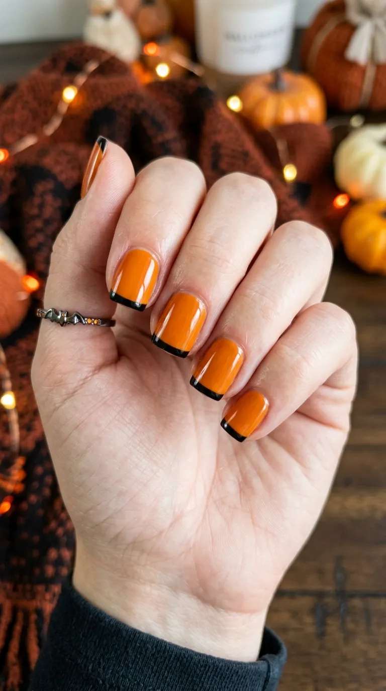 short halloween nails, solid orange with black tip detail