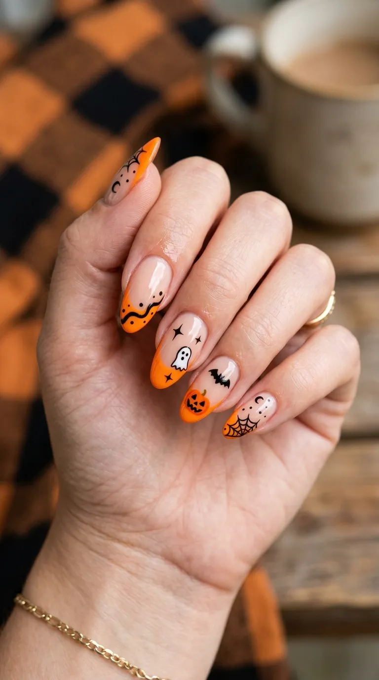 retro halloween nails with orange french tip on nude base, 90s retro twist