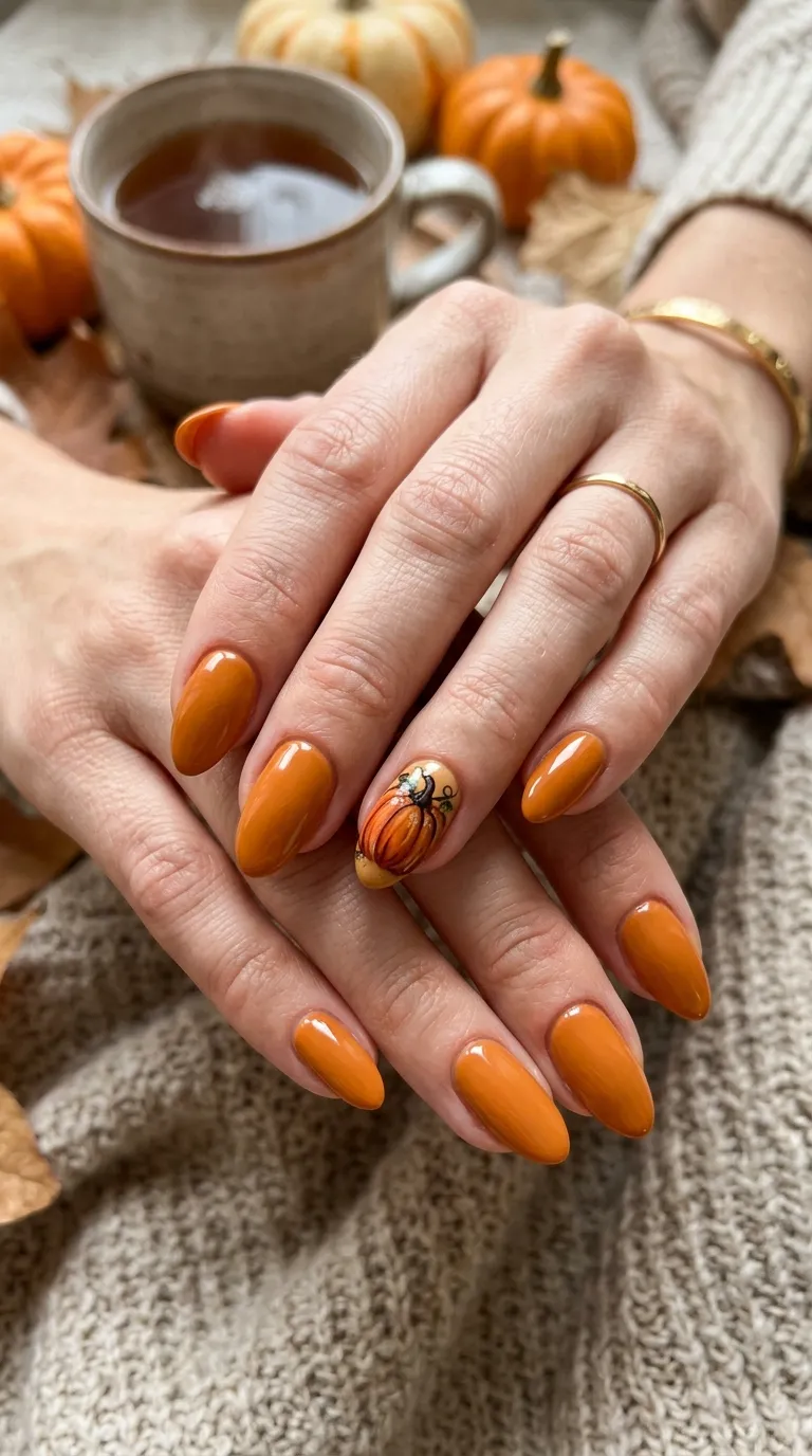 Orange nail polish with pumpkin