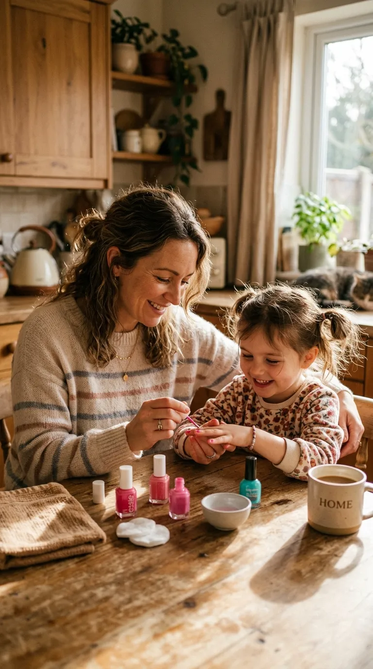 Parent child doing nails together kitchen table cozy candid christmas nails for kids