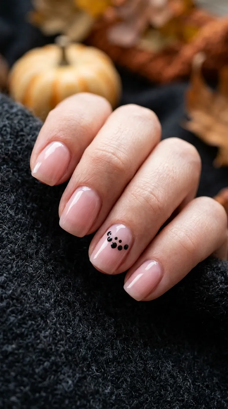 Simple Halloween Nails &ndash; sheer pink base with a small black dot bat shape