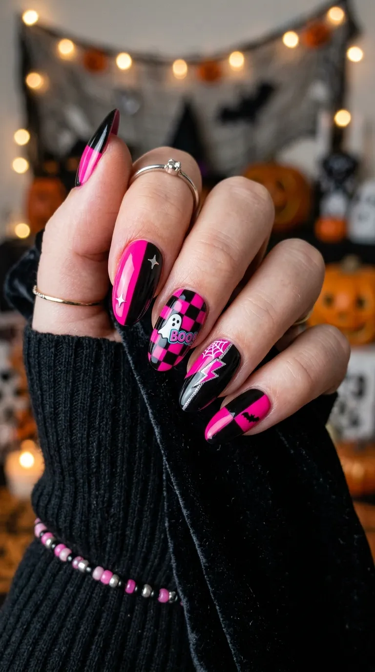 retro halloween nails with hot pink and black color block, 80s inspired design