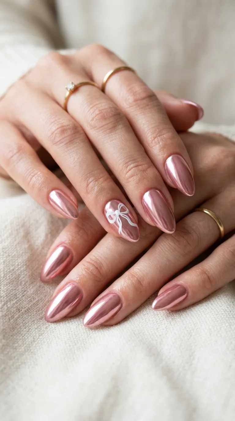 Pink chrome nails with ribbon