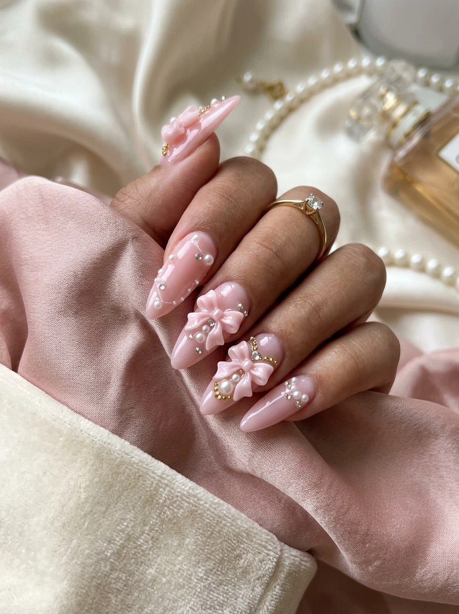 Nails with dusty rose marble and a bow charm accent