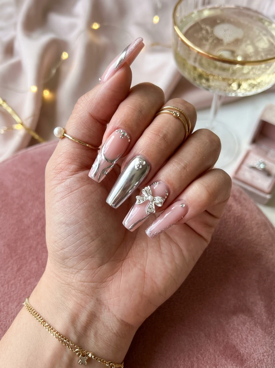 Nails in soft terracotta with a delicate bow outline design