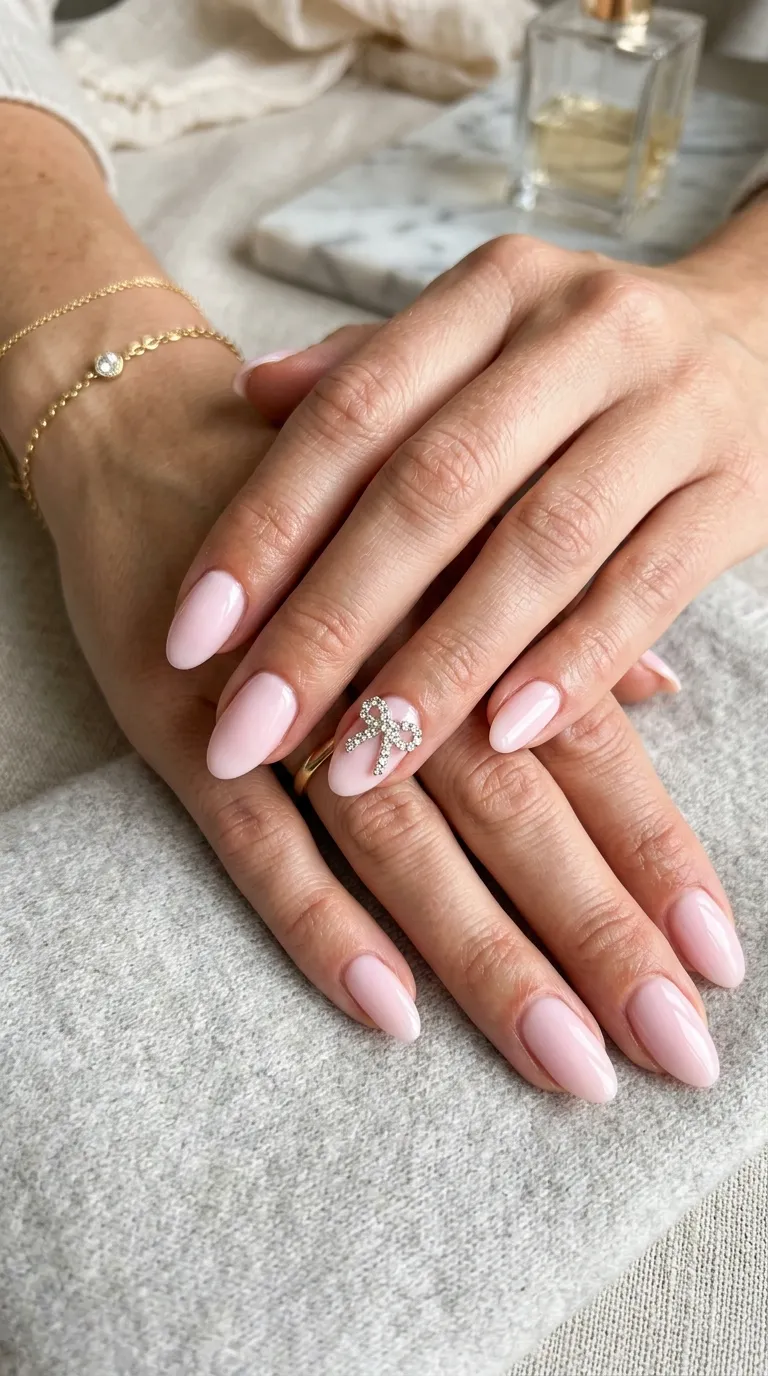 Pink ribbon nails: soft pink almond nails with a rhinestone ribbon accent nail