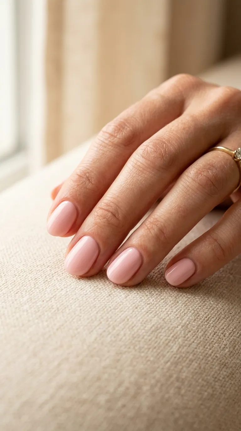 Oval short nails soft pink polish hands framed neutral backdrop